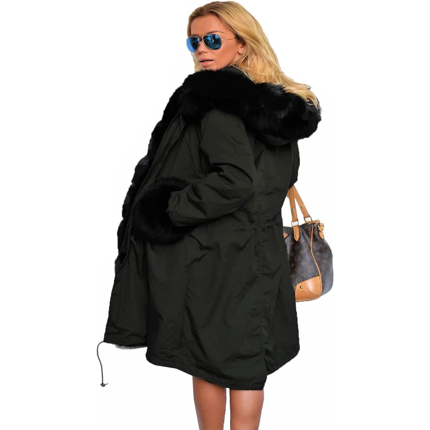 Aofur Long Warm Winter Faux Fur Collar Qulited Women's Parka, black