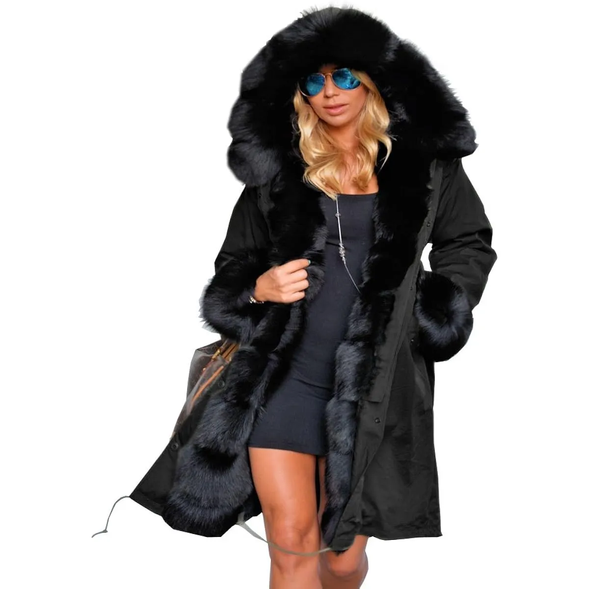 Aofur Long Warm Winter Faux Fur Collar Qulited Women's Parka, black