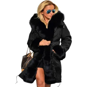 Aofur Long Warm Winter Faux Fur Collar Qulited Women's Parka, black