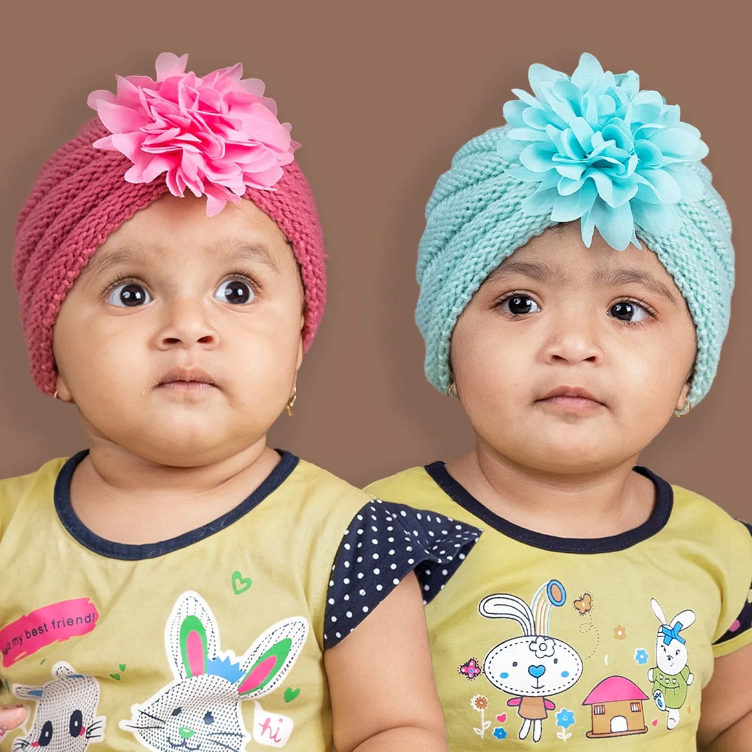 Baby Moo Girls Floral Petals 2 Pack Knitted Turban Caps - Turquoise, Maroon