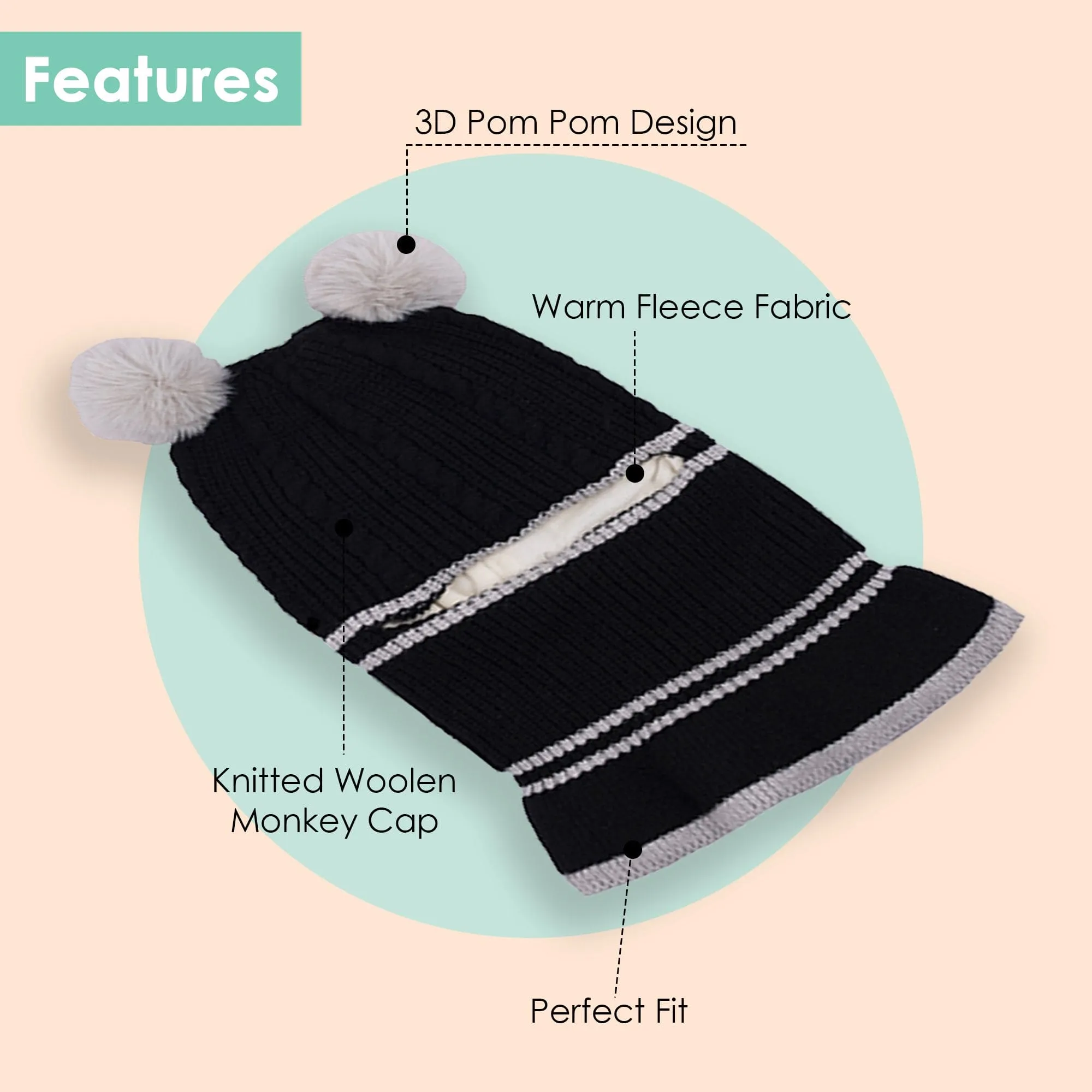 Baby Moo Pom Pom Winter Monkey Woolen Cap - Black, White