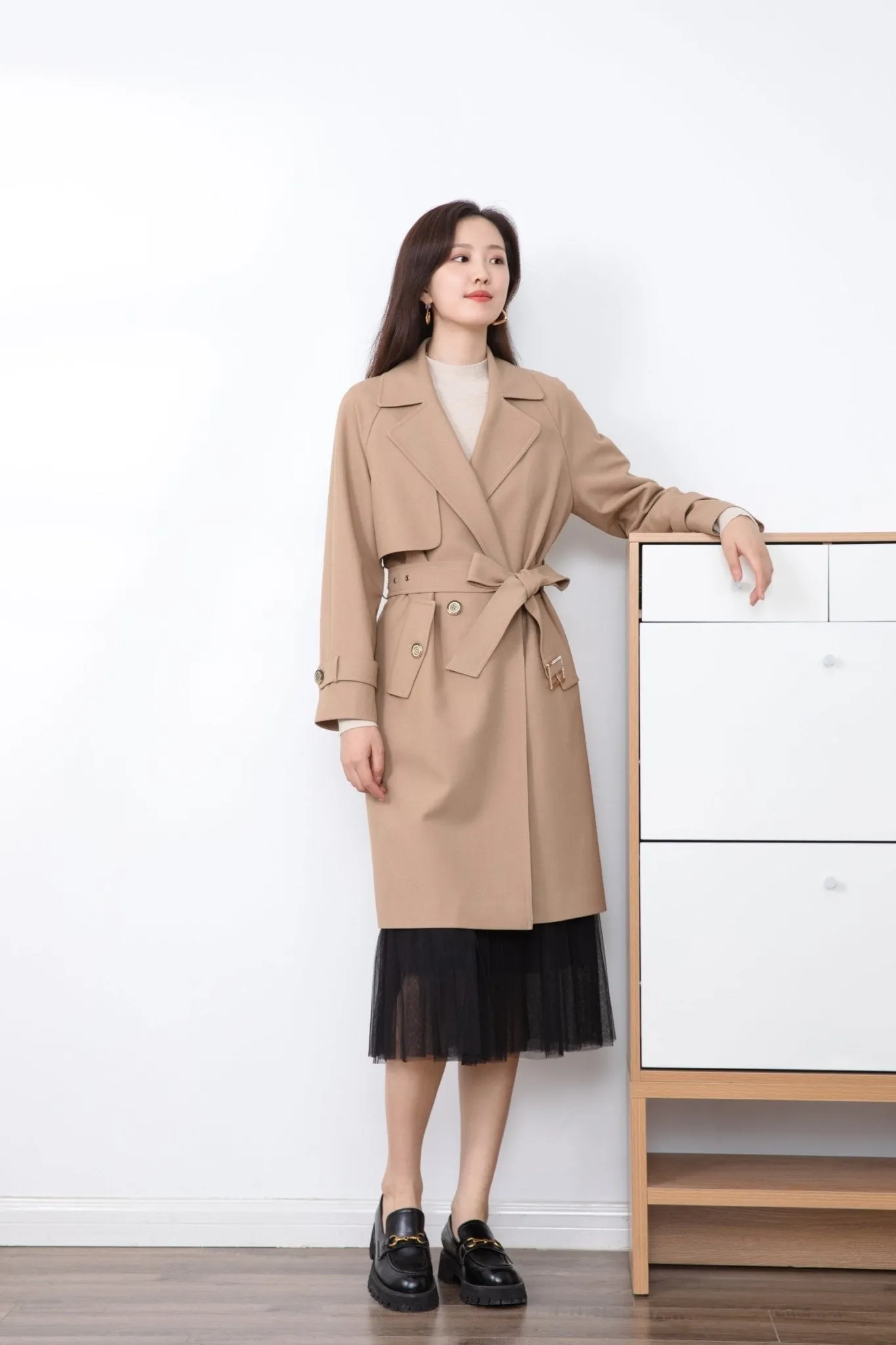 Beige Long Trench Overcoat Waistband