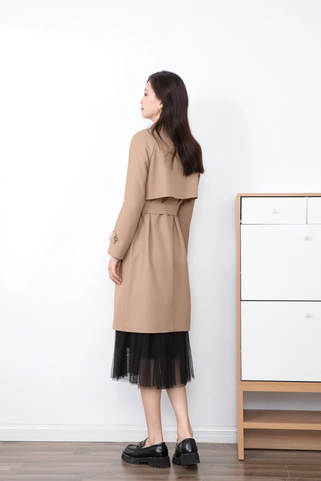 Beige Long Trench Overcoat Waistband