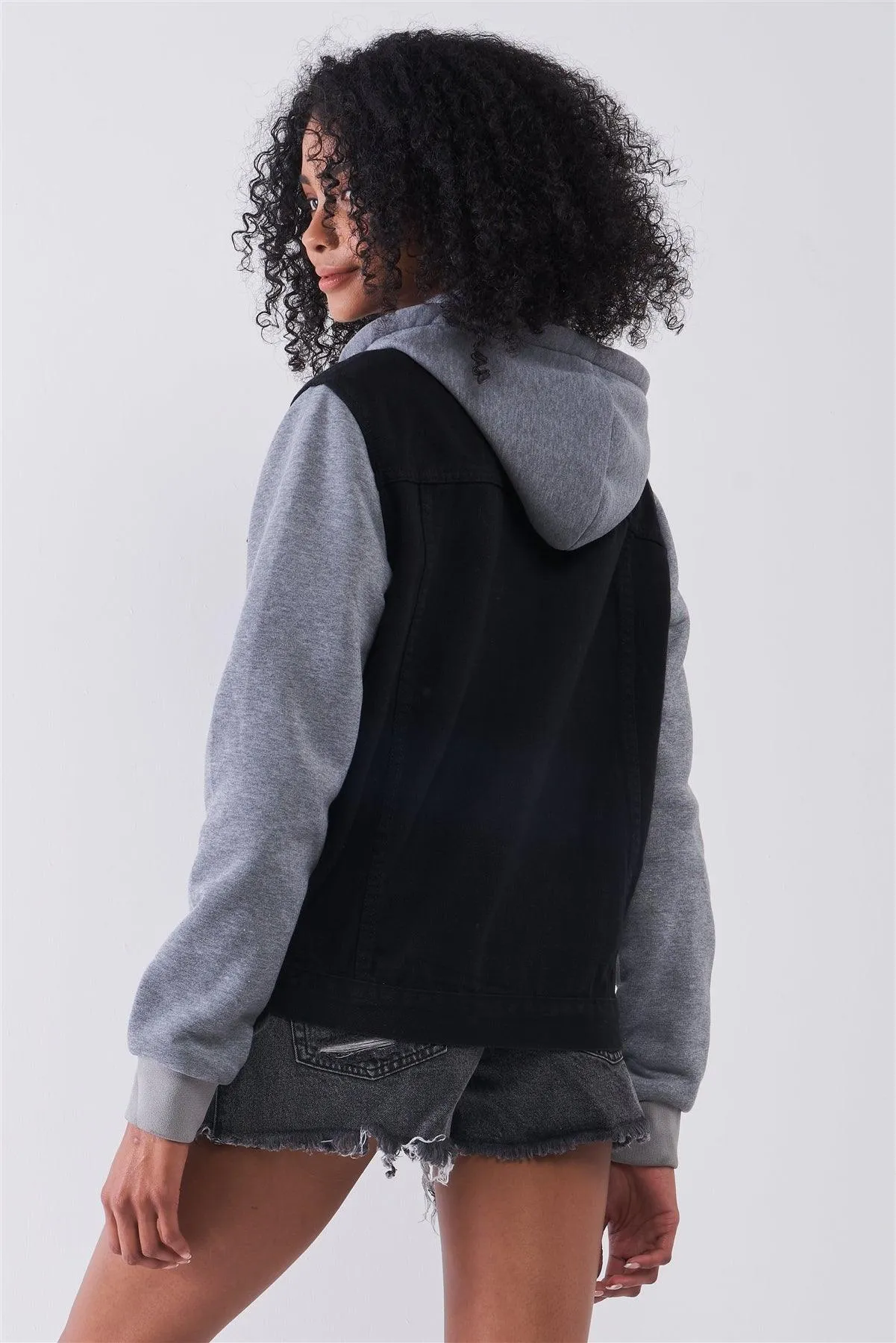 Black & Heather Grey Combo Hooded Long Sleeve Denim Jacket