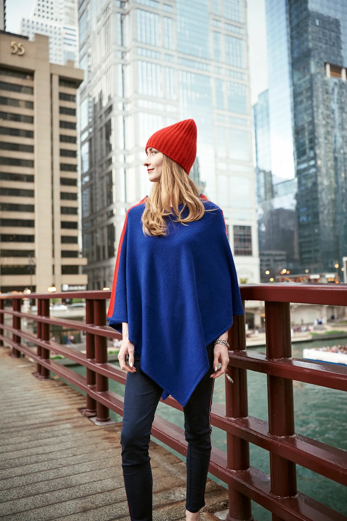 Blue with Red Stripe Cashmere Poncho