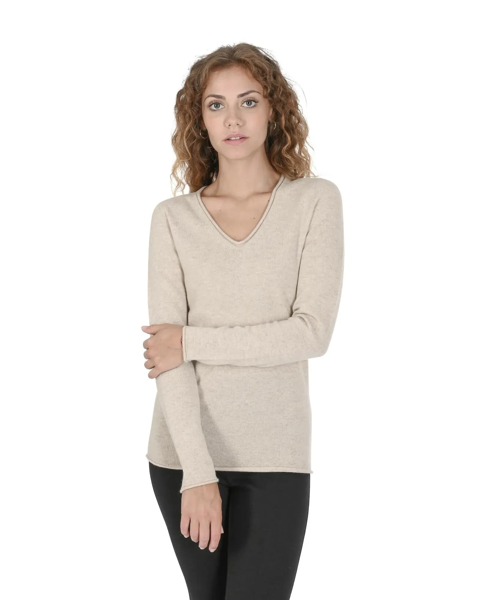 Crown of Edinburgh Cashmere Women's Premium Italian Cashmere V-Neck Sweater in Beige - 46 EU