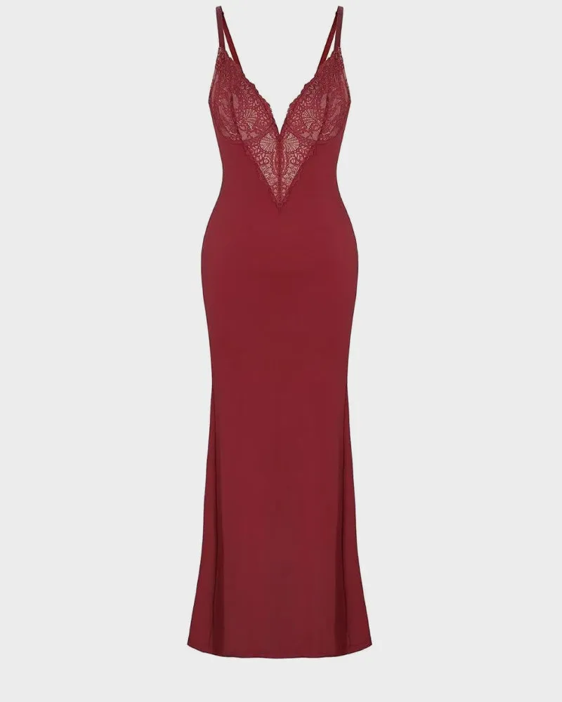 Deep-V Lace High-Slit Maxi Dress with Built-In Shapewear