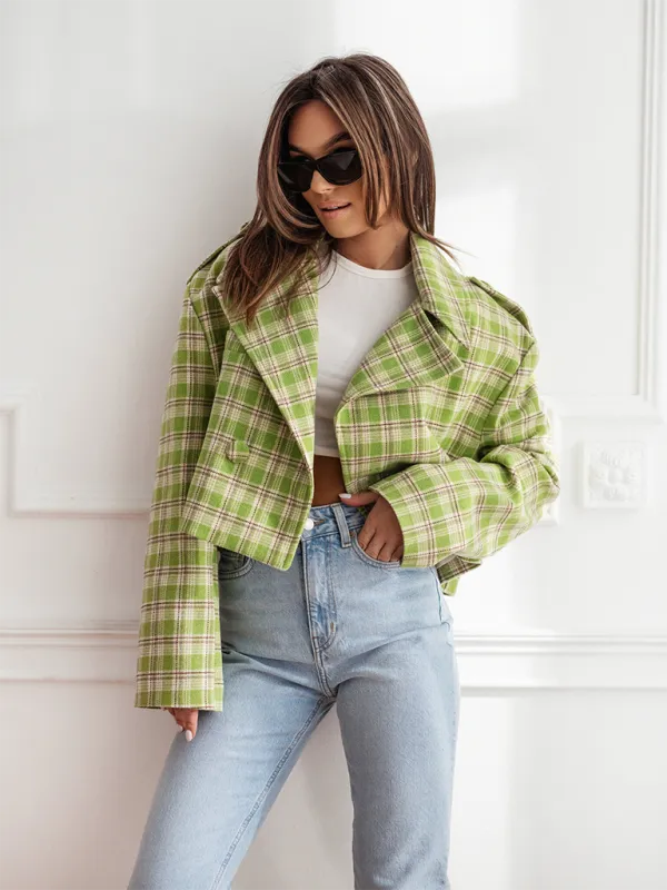 Fashionable British Style Suit Collar Plaid Woolen Coat