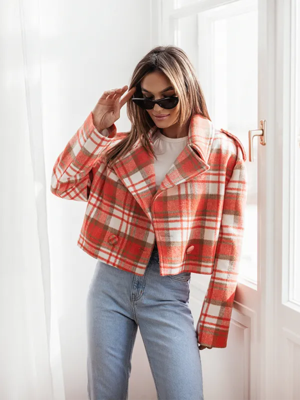 Fashionable British Style Suit Collar Plaid Woolen Coat