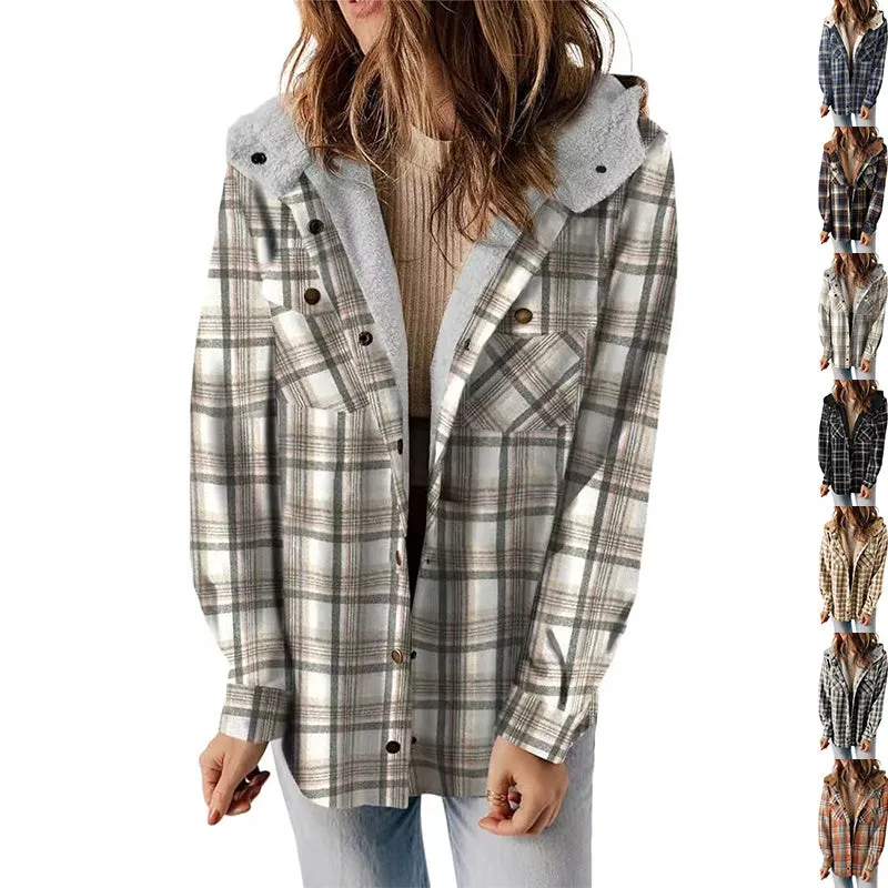 Female Casual Plaid Hooded Woolen Coat Thickened Fleece-lined Warm Jacket