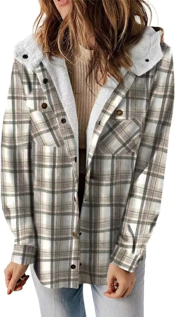 Female Casual Plaid Hooded Woolen Coat Thickened Fleece-lined Warm Jacket