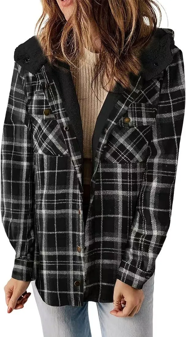 Female Casual Plaid Hooded Woolen Coat Thickened Fleece-lined Warm Jacket