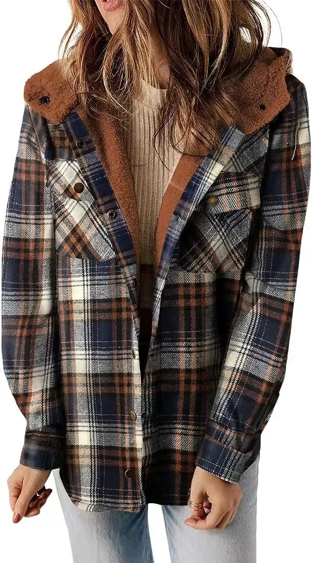 Female Casual Plaid Hooded Woolen Coat Thickened Fleece-lined Warm Jacket