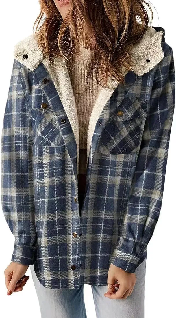 Female Casual Plaid Hooded Woolen Coat Thickened Fleece-lined Warm Jacket