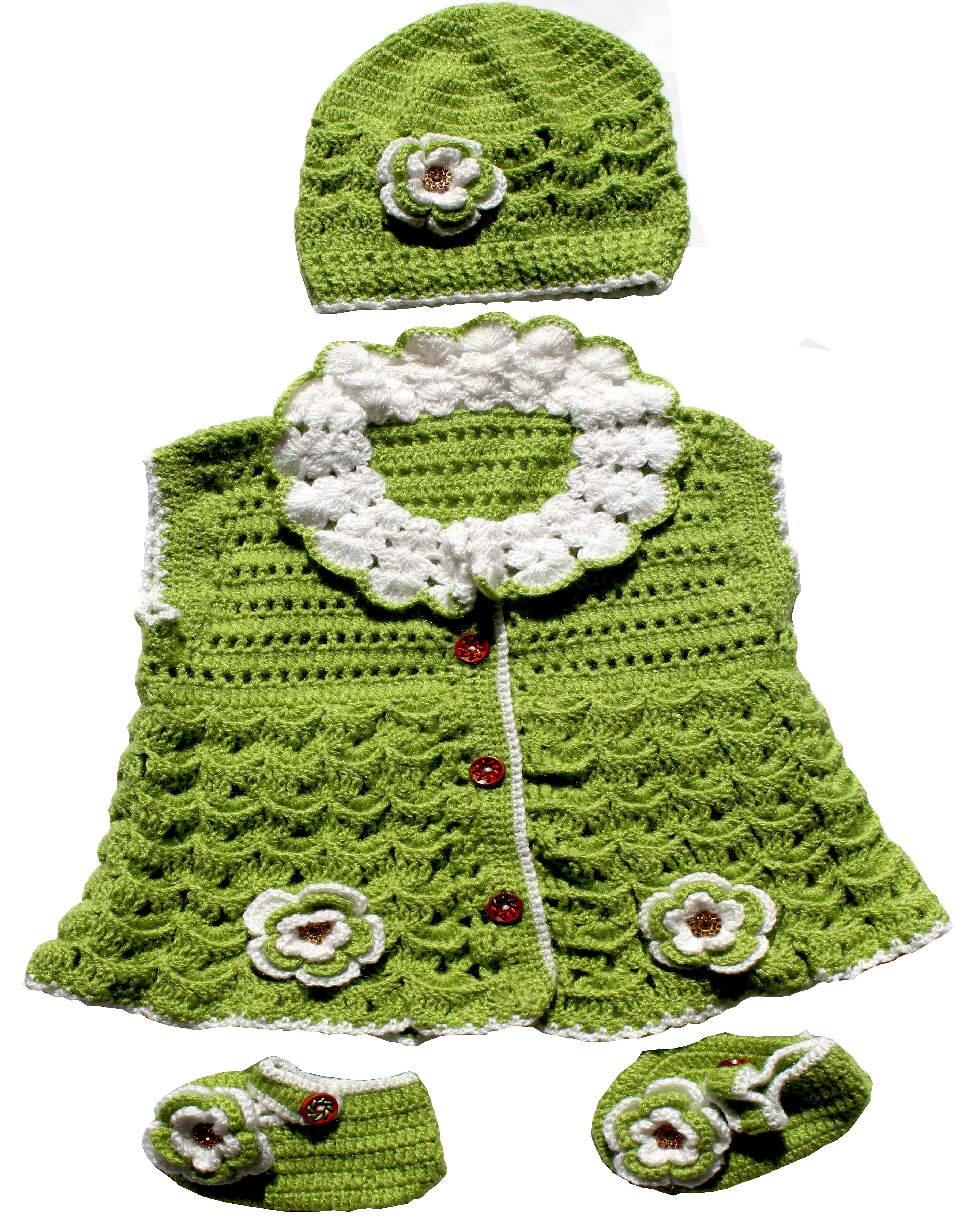 Handmade Woolen Latest Design Short Cardigan Style Frock With Booties & Cap- Lime Green