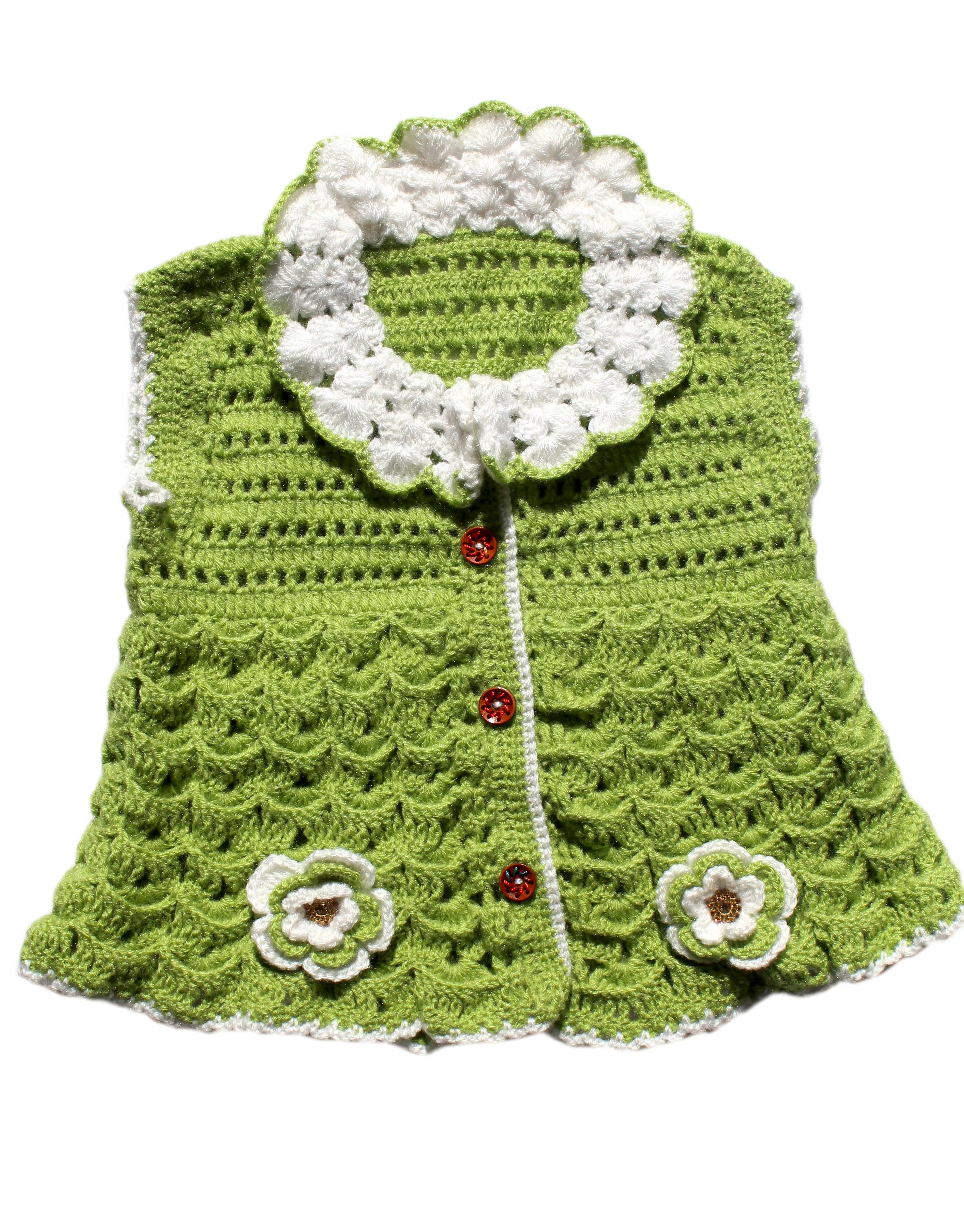 Handmade Woolen Latest Design Short Cardigan Style Frock With Booties & Cap- Lime Green