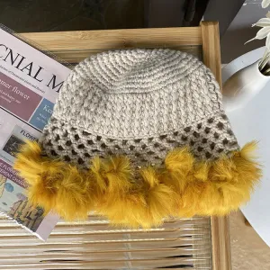 Hollow fisherman hat women autumn and winter hand-woven warm woolen basin hat sweet rabbit fur hat