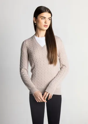 Isla Women's Scottish Made Cashmere V-Neck Cable Pattern Sweater - Beige