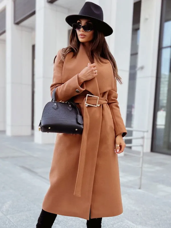 Long-sleeved Buttoned V-neck Strappy Woolen Trench Coats