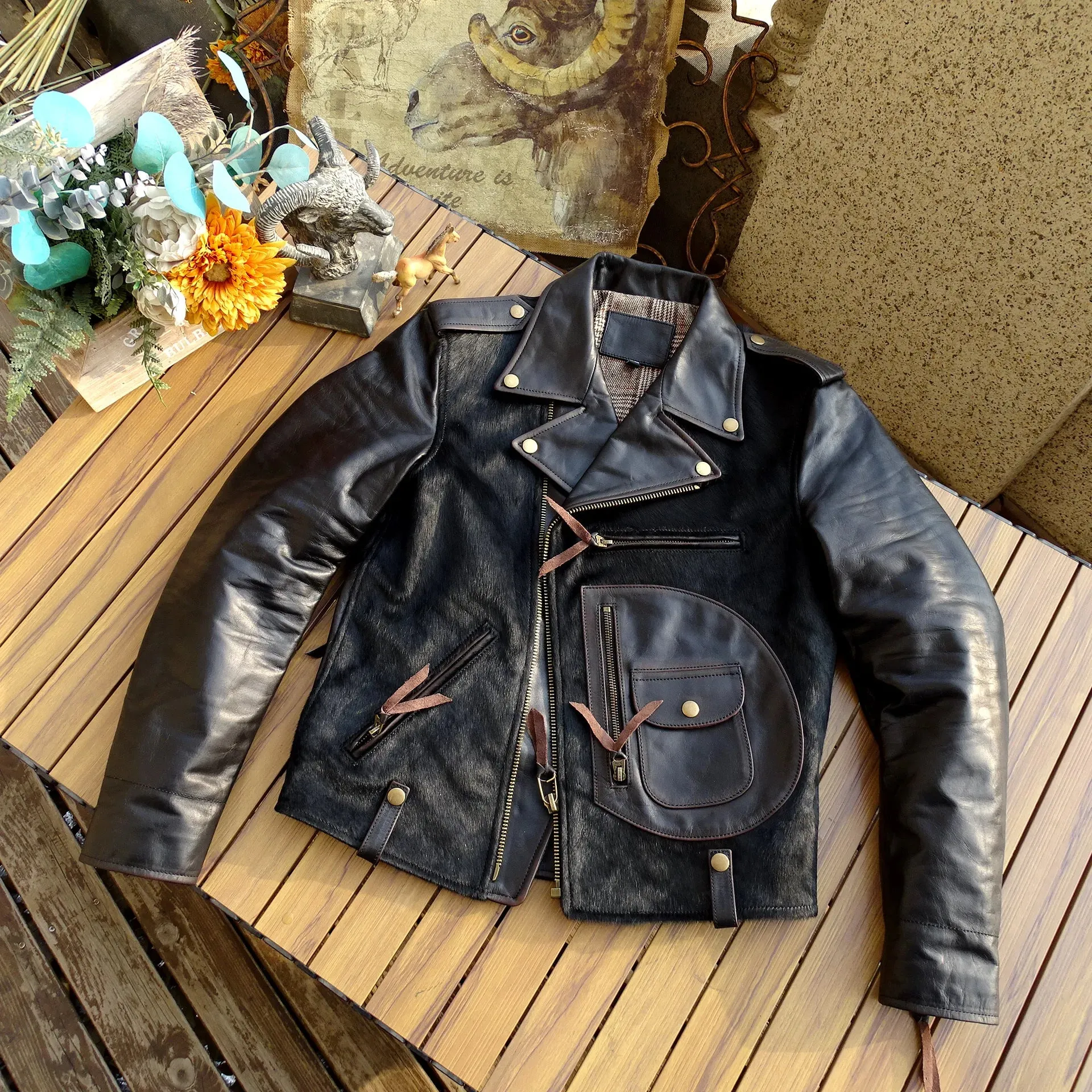 Men's Shearling Leather Jacket - Motorcycle Style Outwear