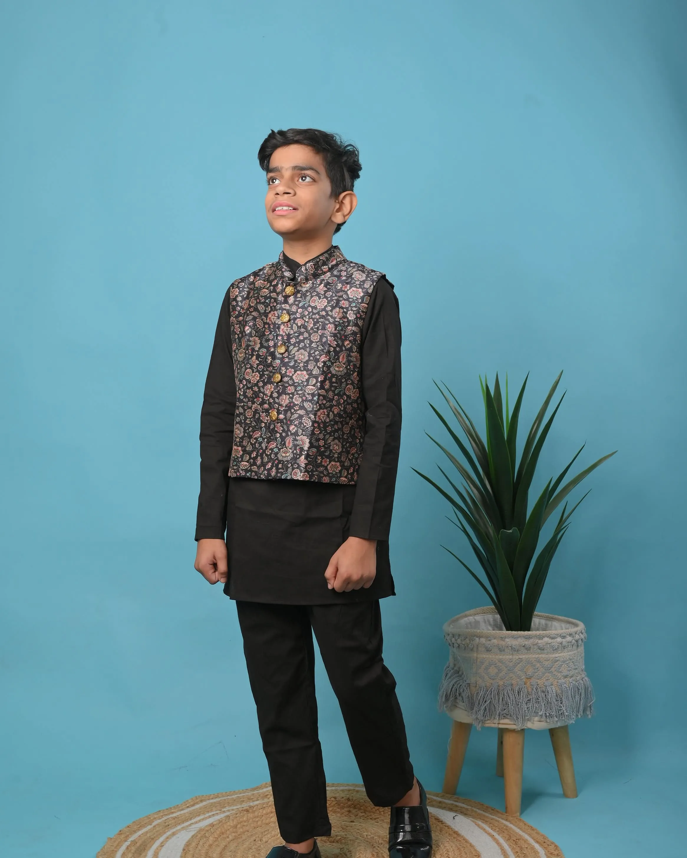 Midnight Garden Kurta pajama with nehru jacket | Shobitam Custom Shirt Made To Order