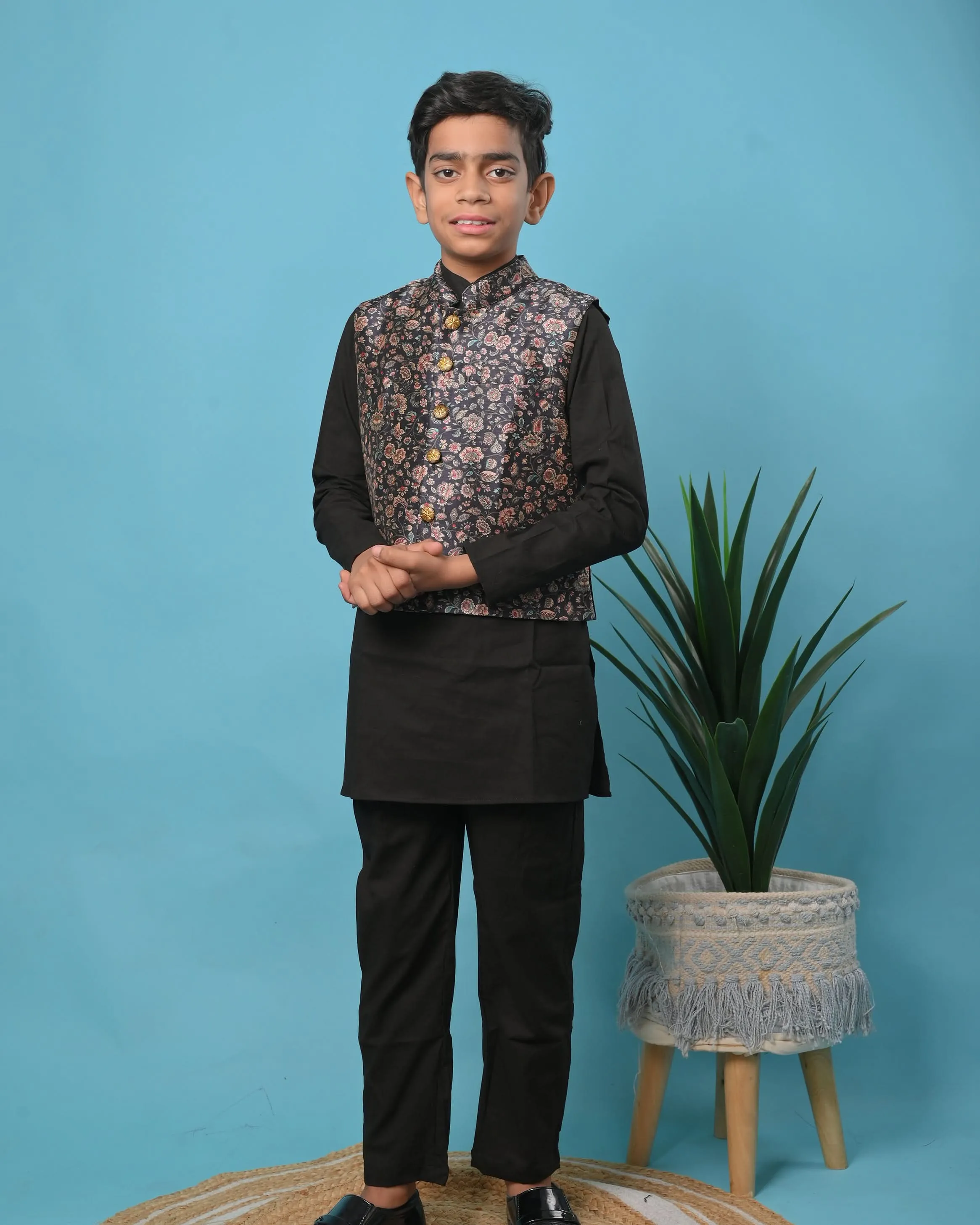 Midnight Garden Kurta pajama with nehru jacket | Shobitam Custom Shirt Made To Order