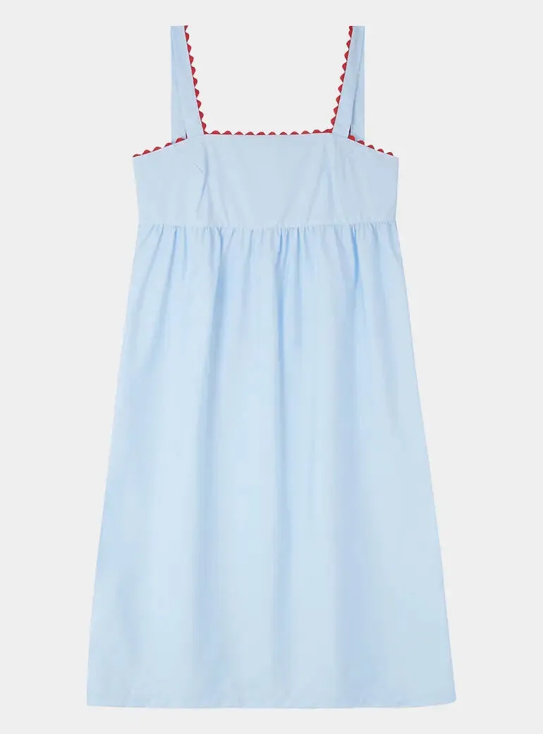 Pale Blue Mini Nightdress With Red Ric Rac - 100% Cotton Poplin