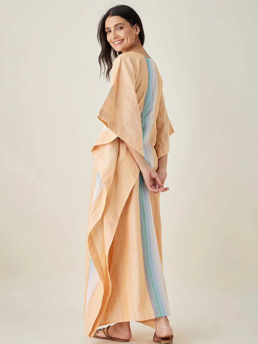 Peach Striped Cotton Kaftan with Waist Tie UP