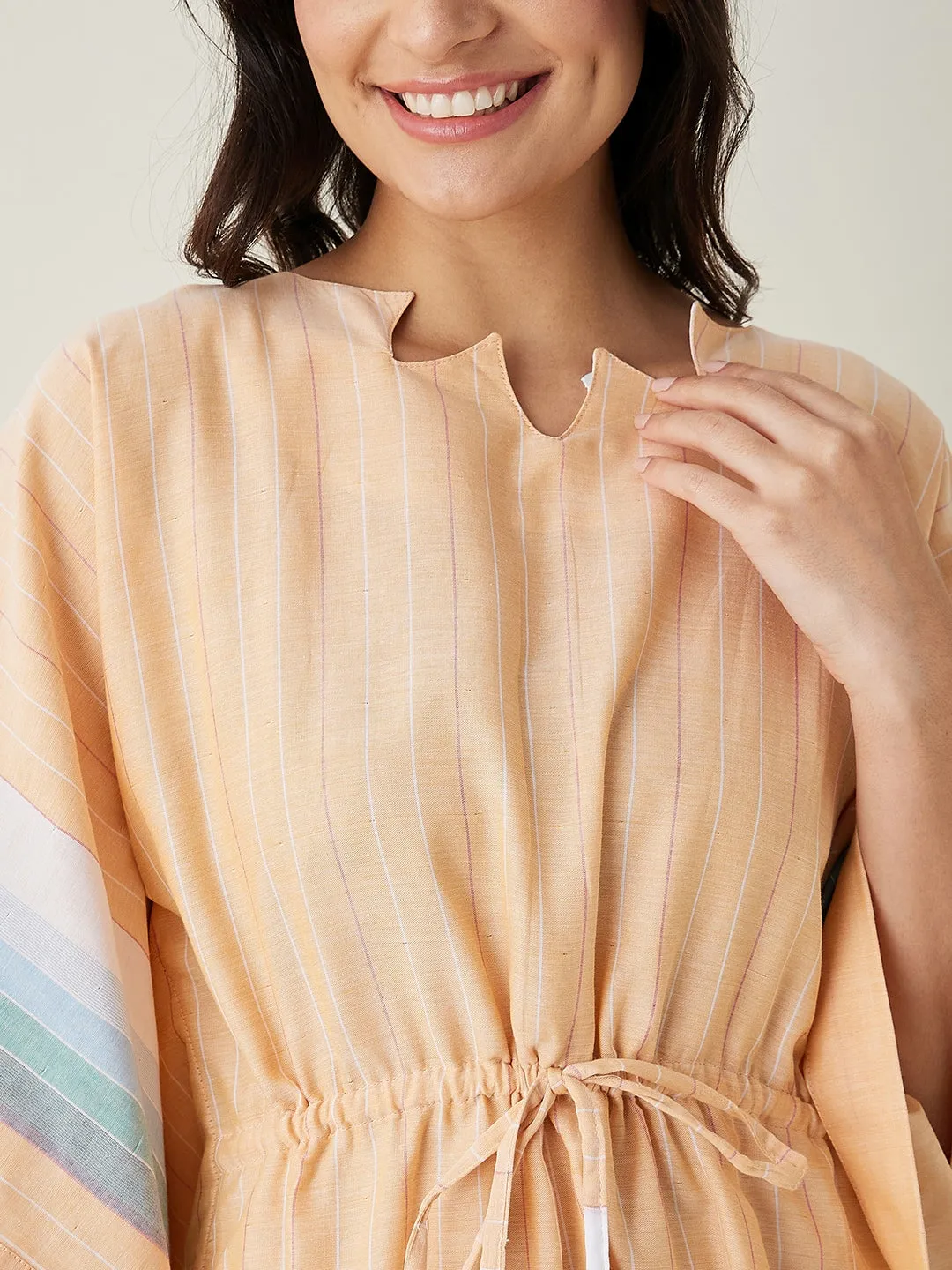 Peach Striped Cotton Kaftan with Waist Tie UP