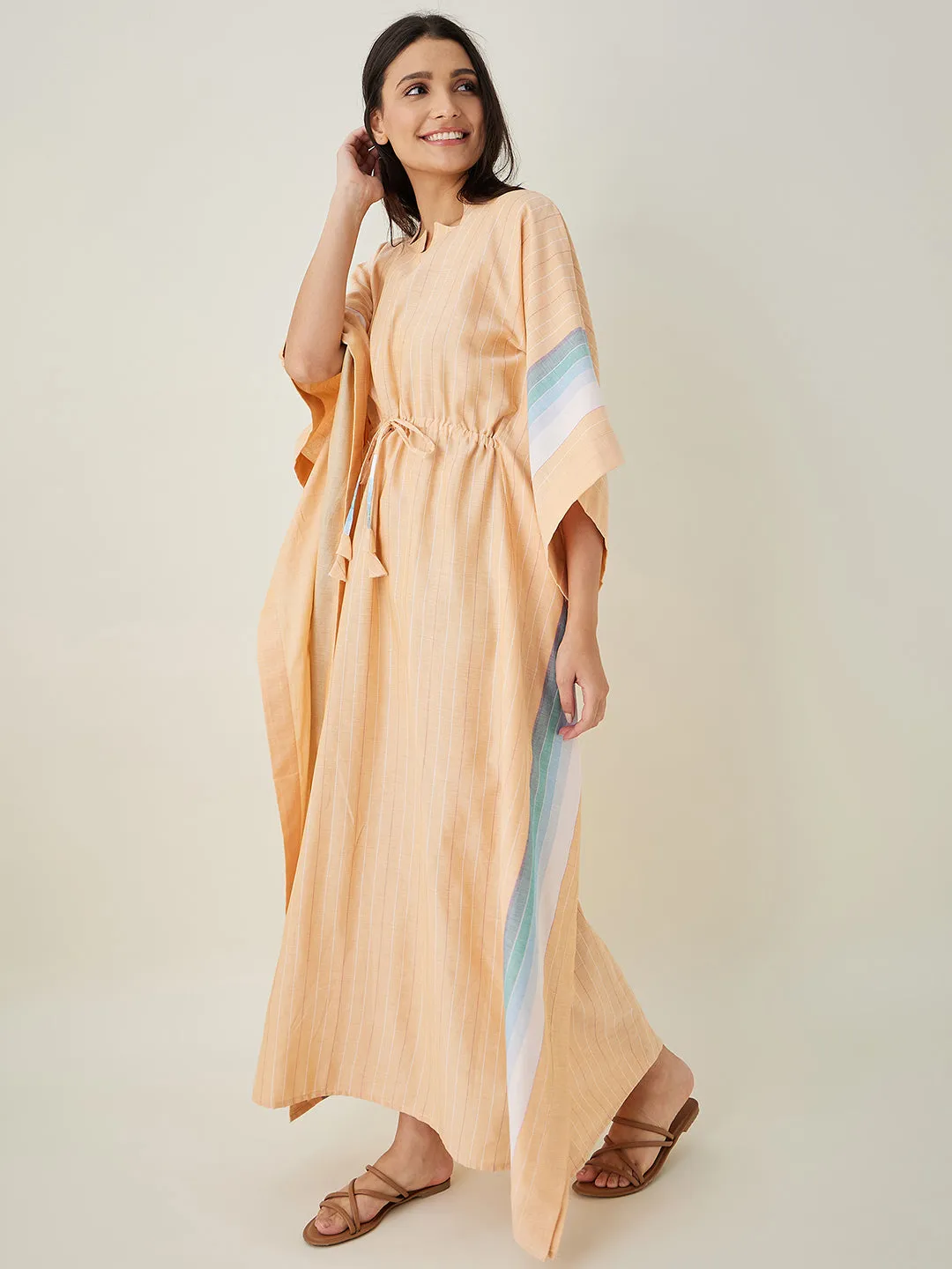 Peach Striped Cotton Kaftan with Waist Tie UP