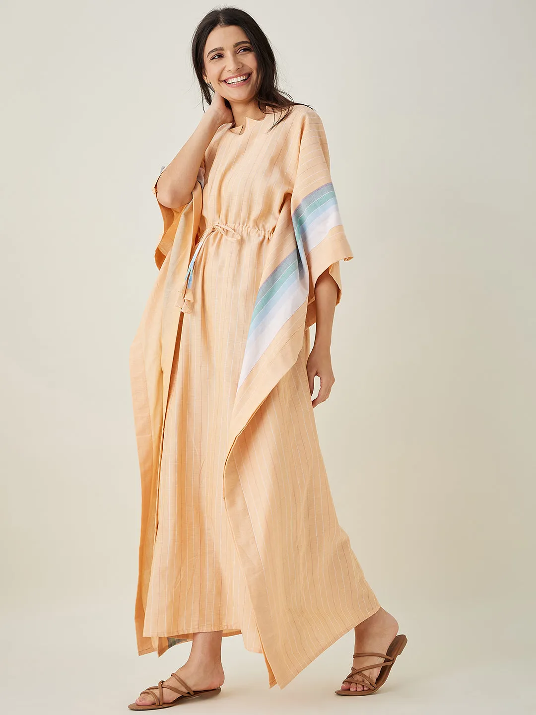 Peach Striped Cotton Kaftan with Waist Tie UP