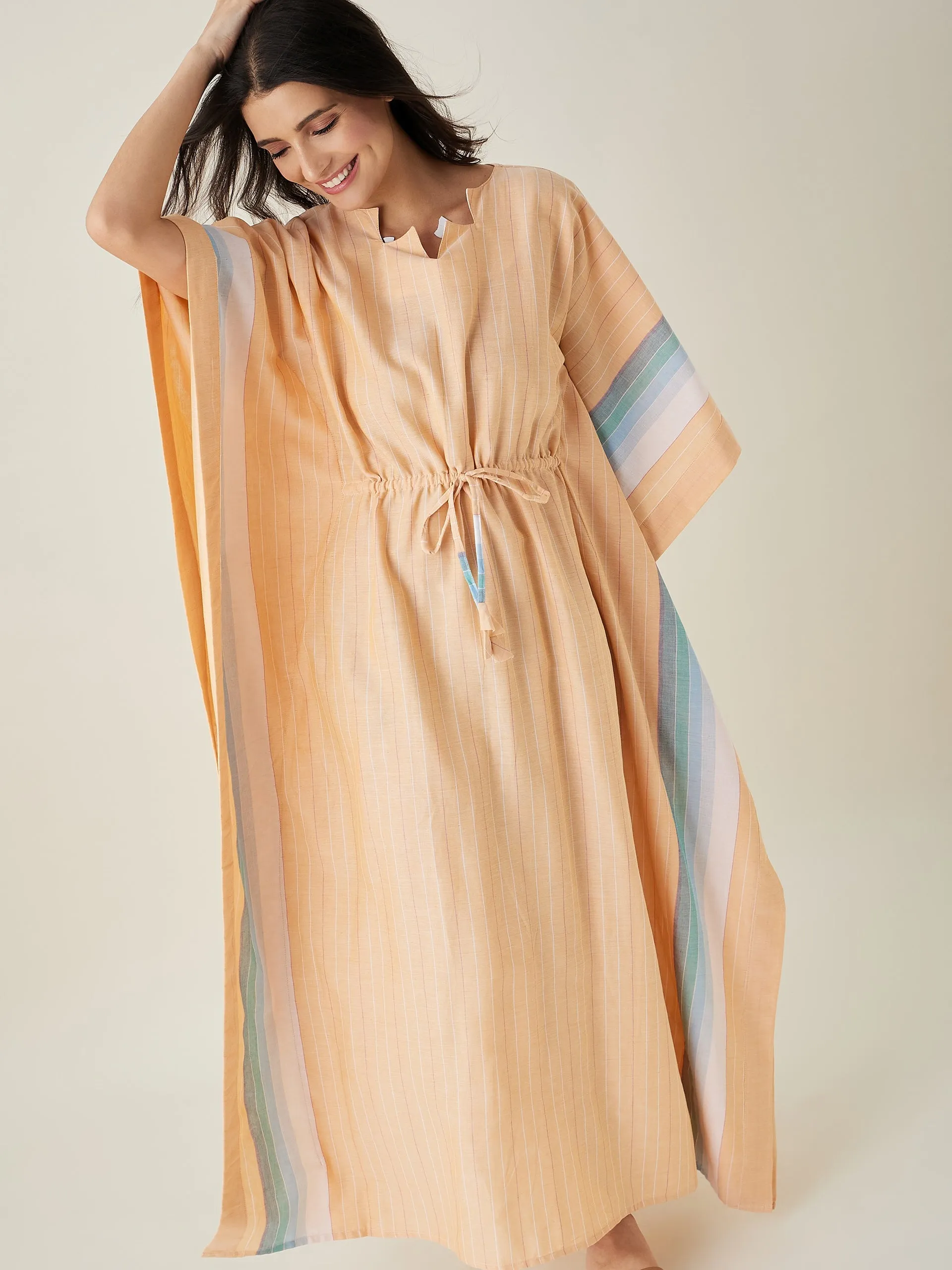 Peach Striped Cotton Kaftan with Waist Tie UP