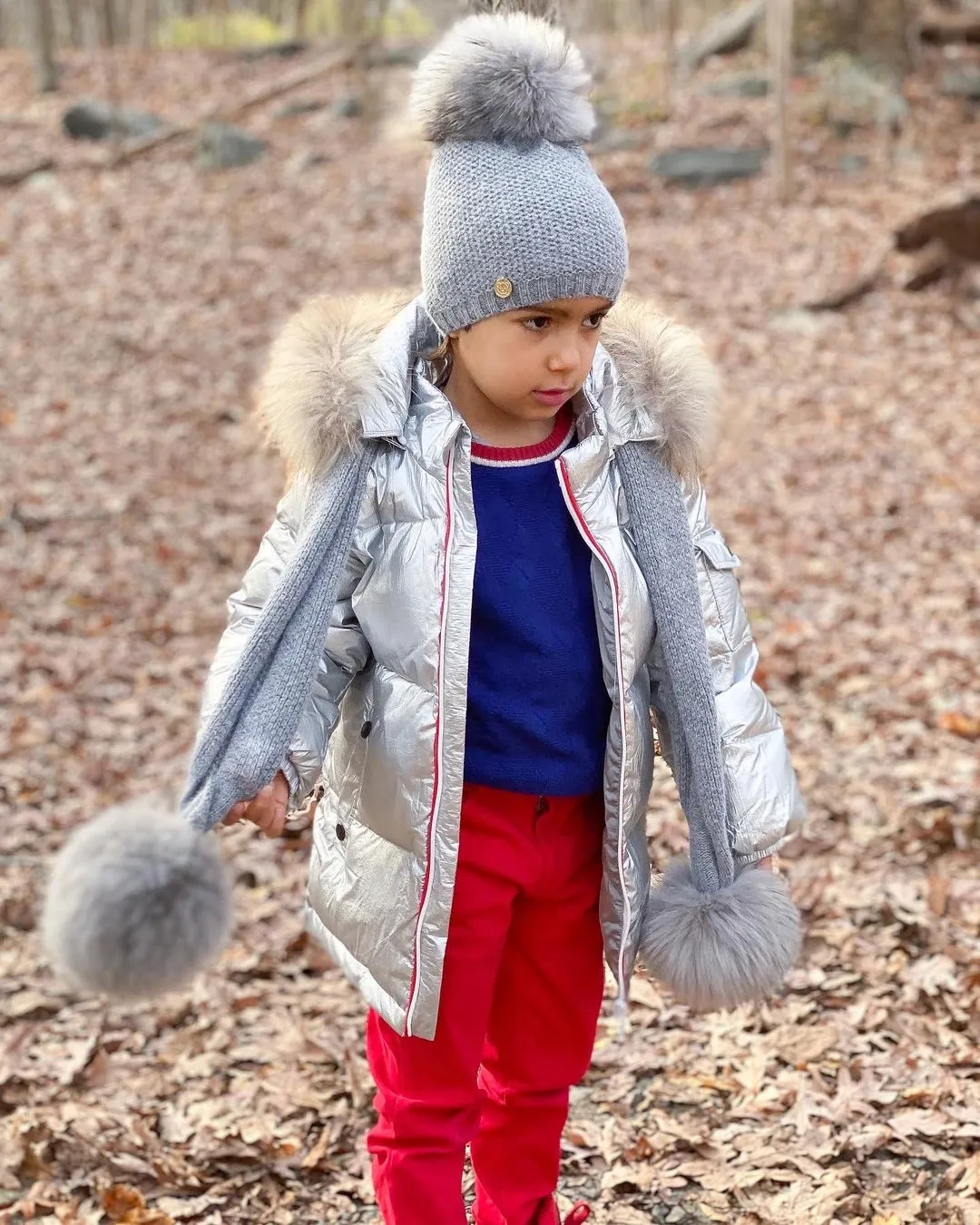 Petite Maison Kids Cashmere Grey Beanie Hat with grey pom