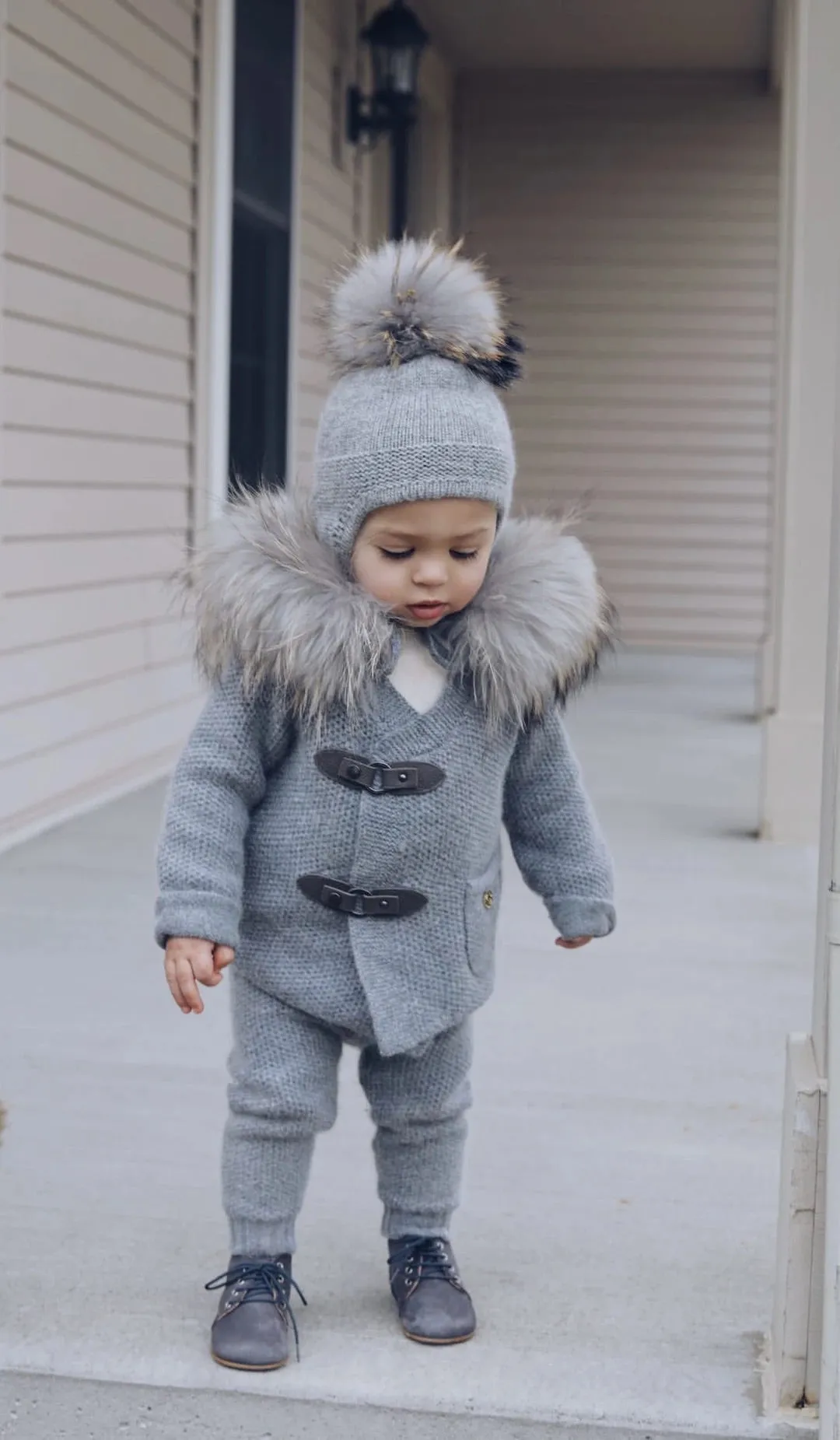 Petite Maison Kids Cashmere Grey Beanie Hat with grey pom