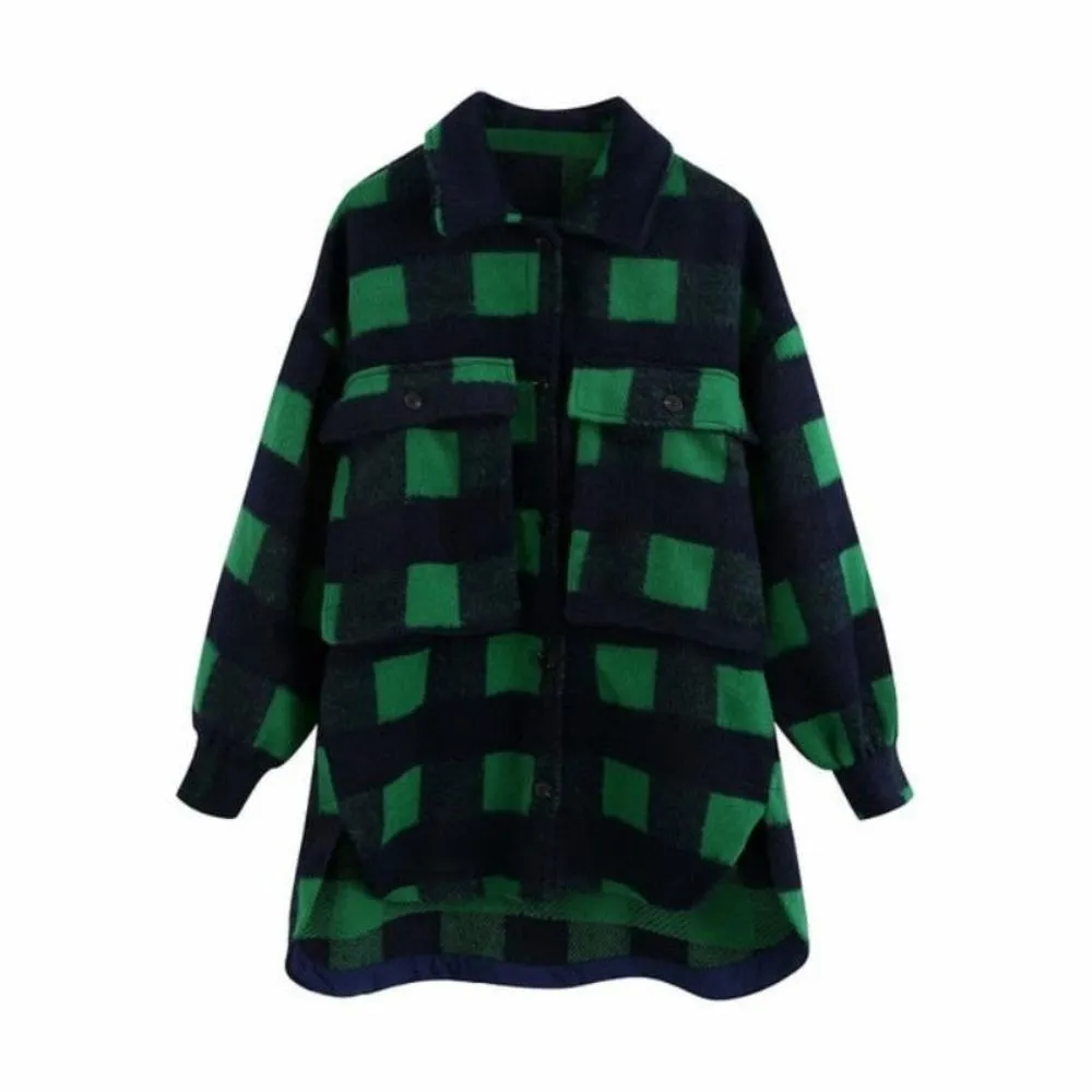 Plaid Woolen Fashion Pockets Turn-down Collar Coat