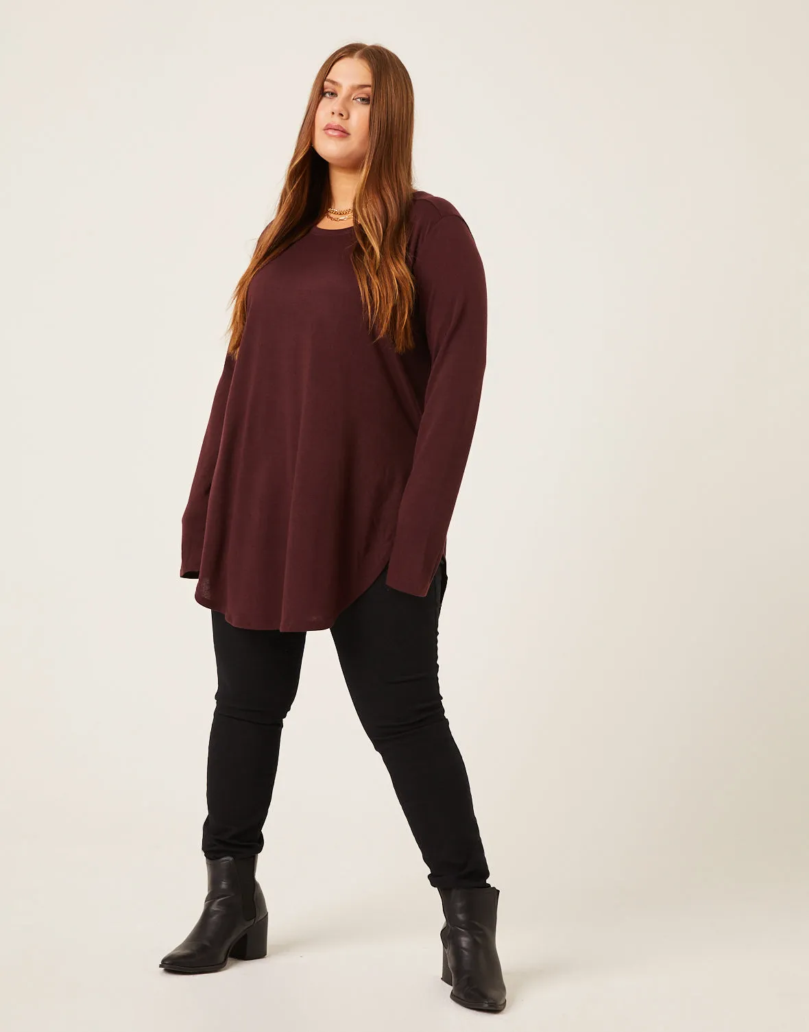 Plus Size Knit Flowy Long Sleeve Tee