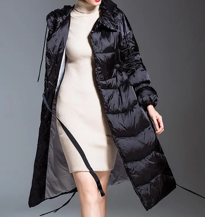 Puff Sleve Long Loose Women Down Coat Waist Belt Winter Loose 90% Duck Down Jackets