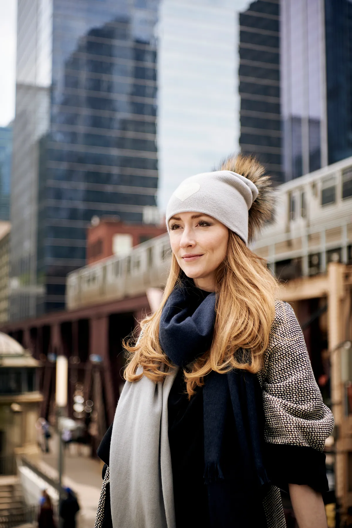 Reversible Slouchy Light Grey Cashmere Hat with White Heart and Seafoam Pom-Pom