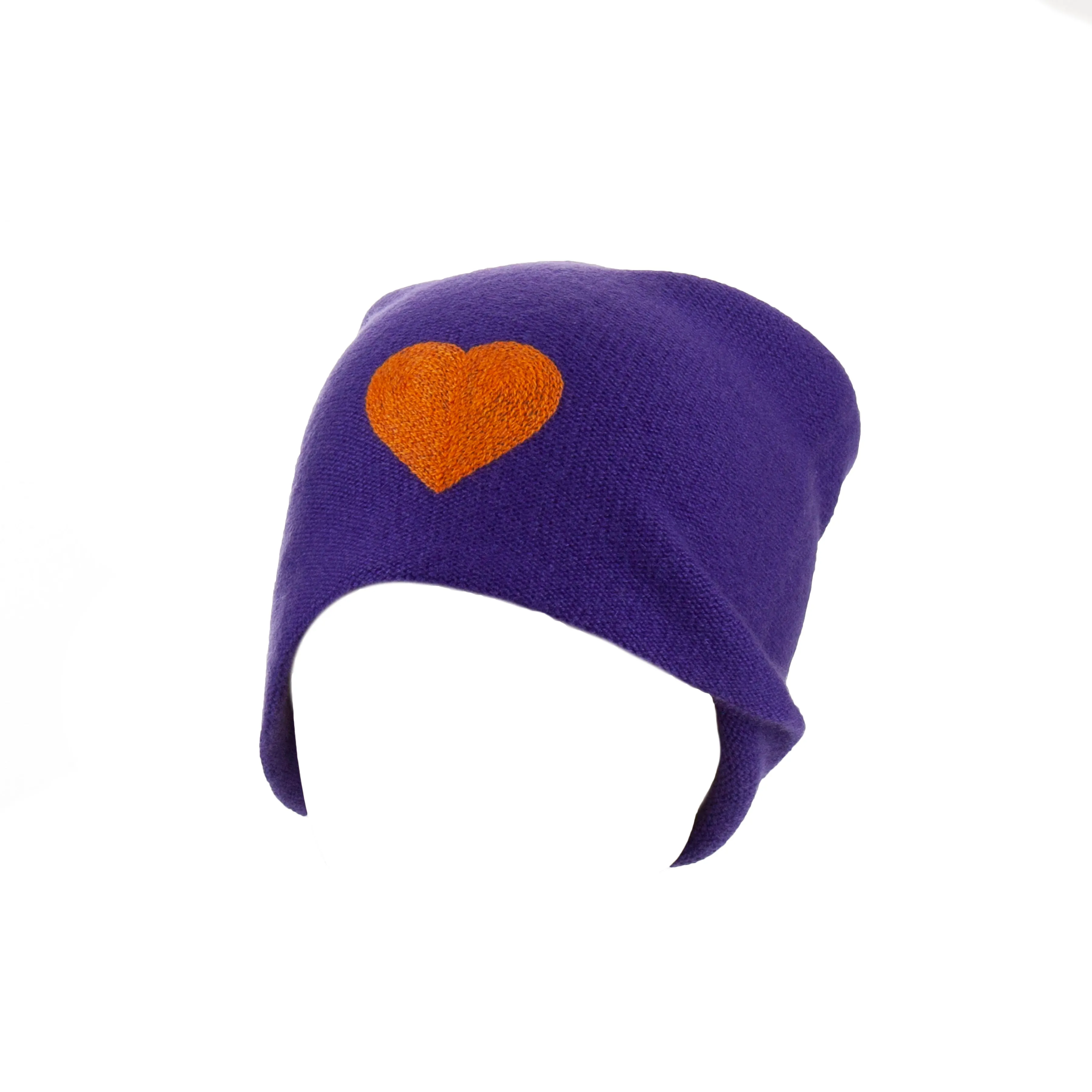 Reversible Slouchy Purple Cashmere Hat with Orange Heart and Rainbow Pom