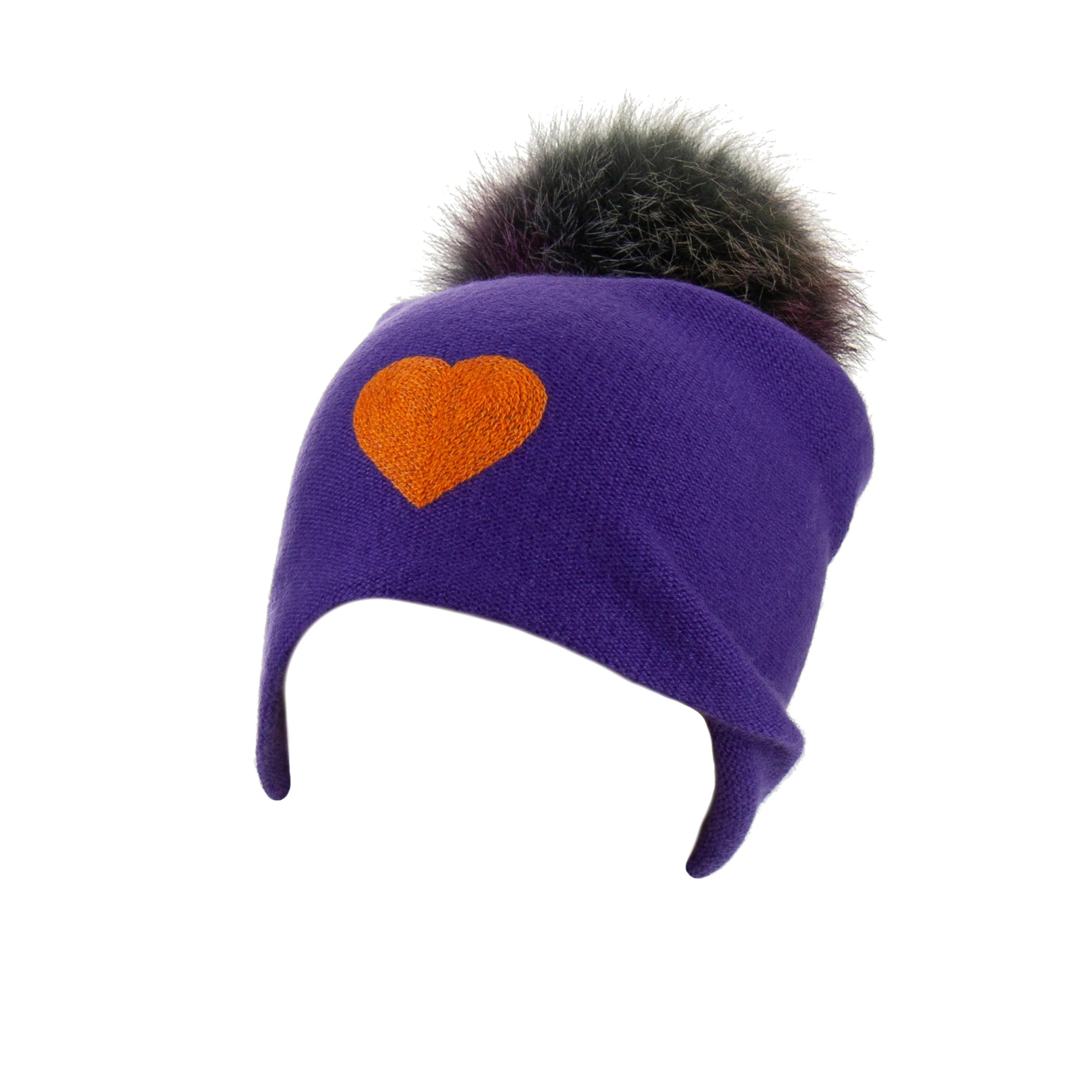 Reversible Slouchy Purple Cashmere Hat with Orange Heart and Rainbow Pom