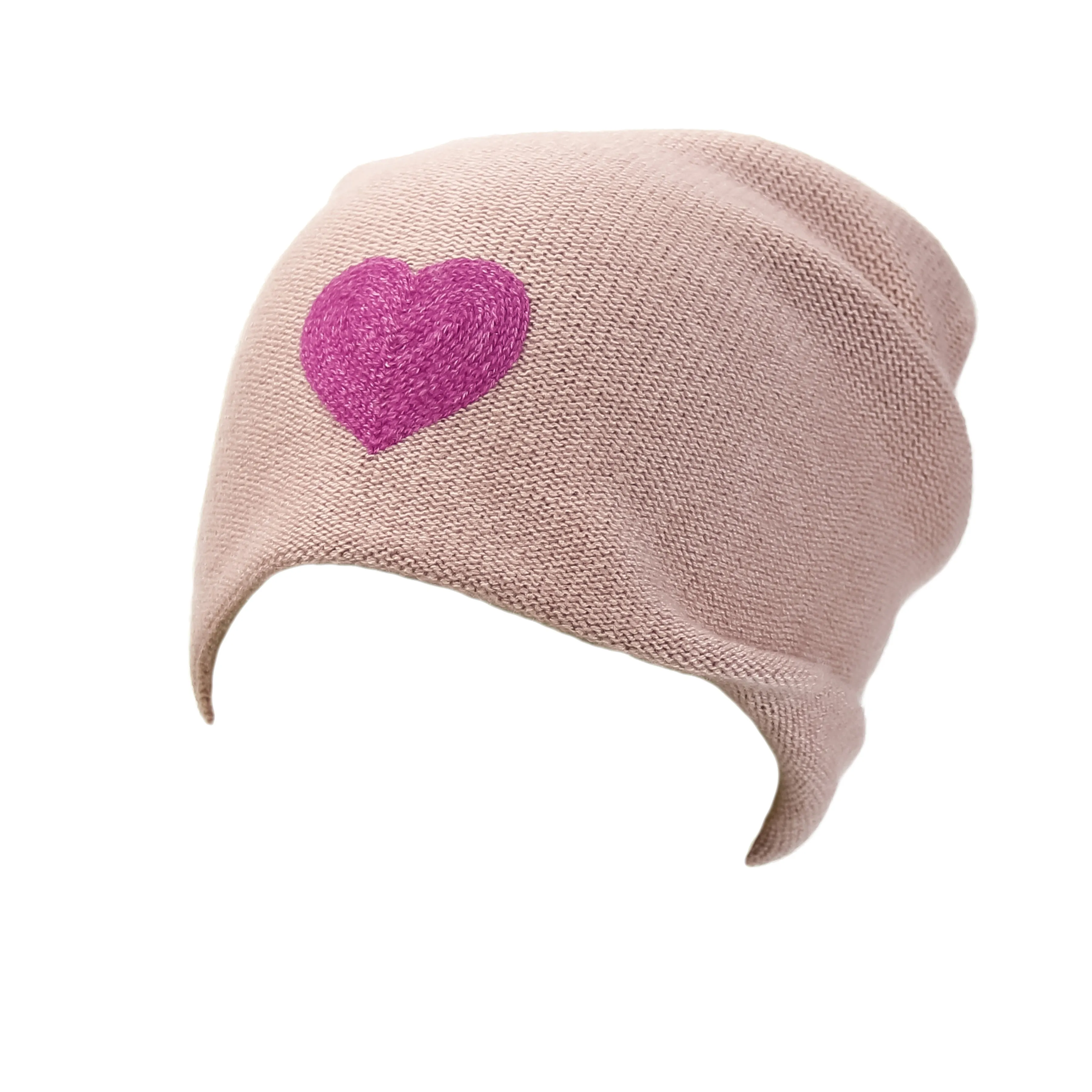 Reversible Slouchy Rose Cashmere Hat with Pink Heart and Lilac Pom-Pom