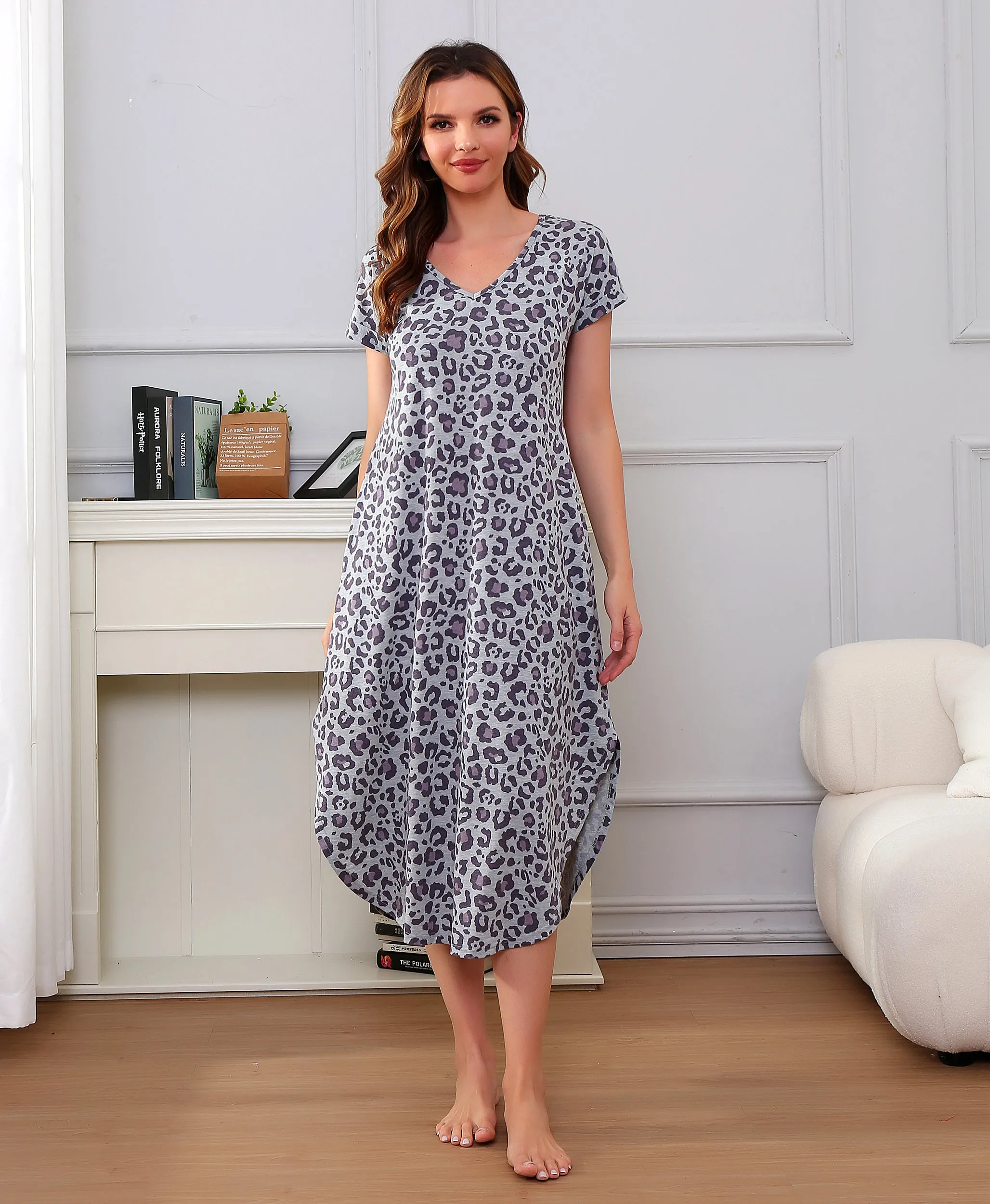 Richie House Nightgowns Nightdress Women V Neck Print Short Slit Sleepwear S-XXL RHW2895