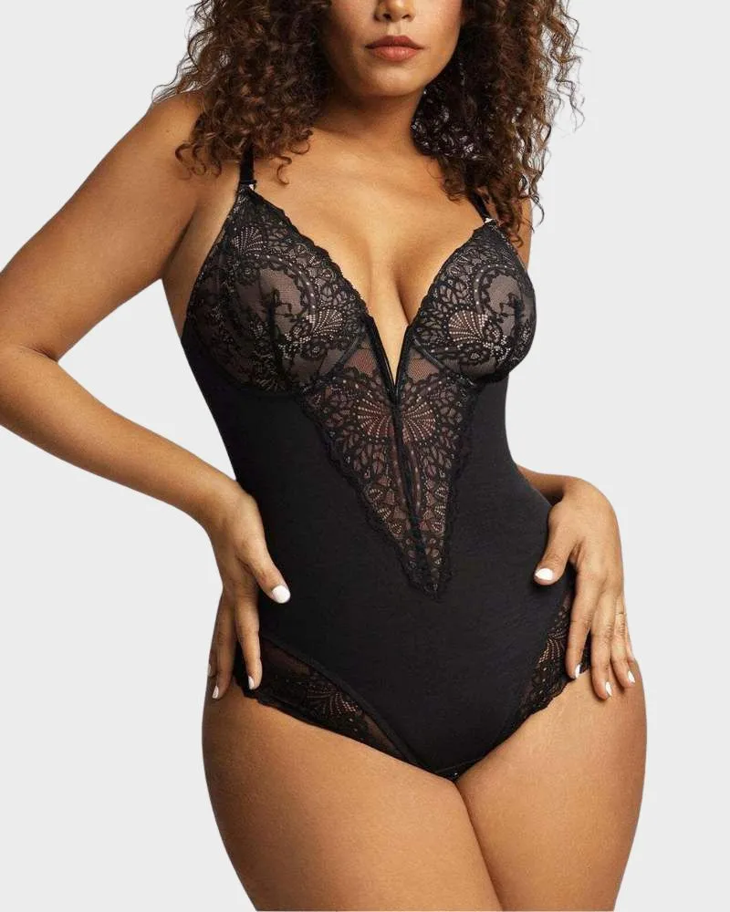 SheCurve® Sexy Lace Deep-V Neck Bodysuit