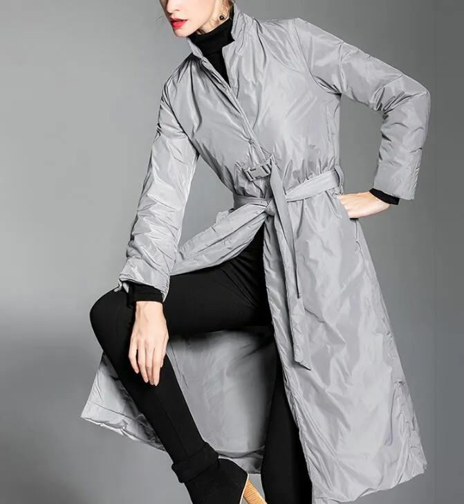 Stand Collar Long Women Down Coat Winter Loose 90% Duck Down Jackets Coat With Waist Belt