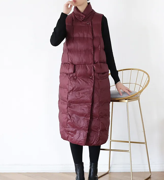 Stand Collar Puffer Coat Long Vest Winter Women Down Jacket 1008