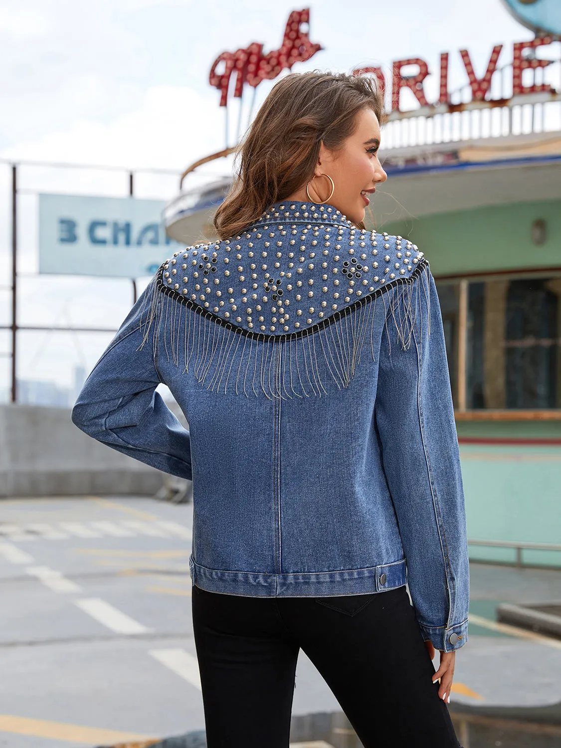 Studded Fringe Button Down Denim Jacket