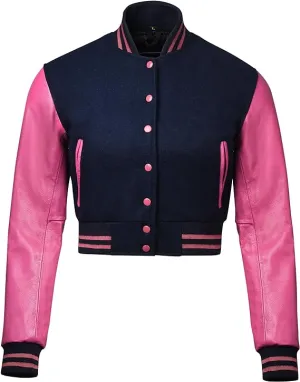 Warrior Gears Cropped Varsity Jacket Women - Premium Quality Leather and Wool Baseball Letterman Jacket for Women's, Long Sleeve - Navy Blue Wool Body and Pink Leather Sleeves