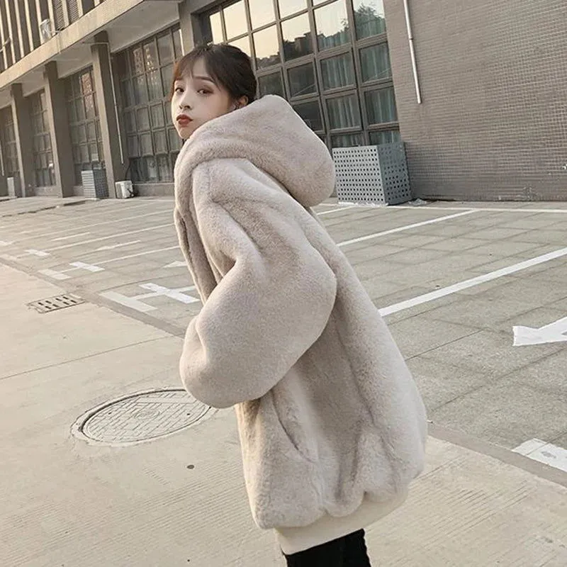 Winter Warm Thick Furry Faux Rabbit Fur Hooded Coats