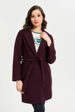 Women Burgundy Long Length Belted Coat