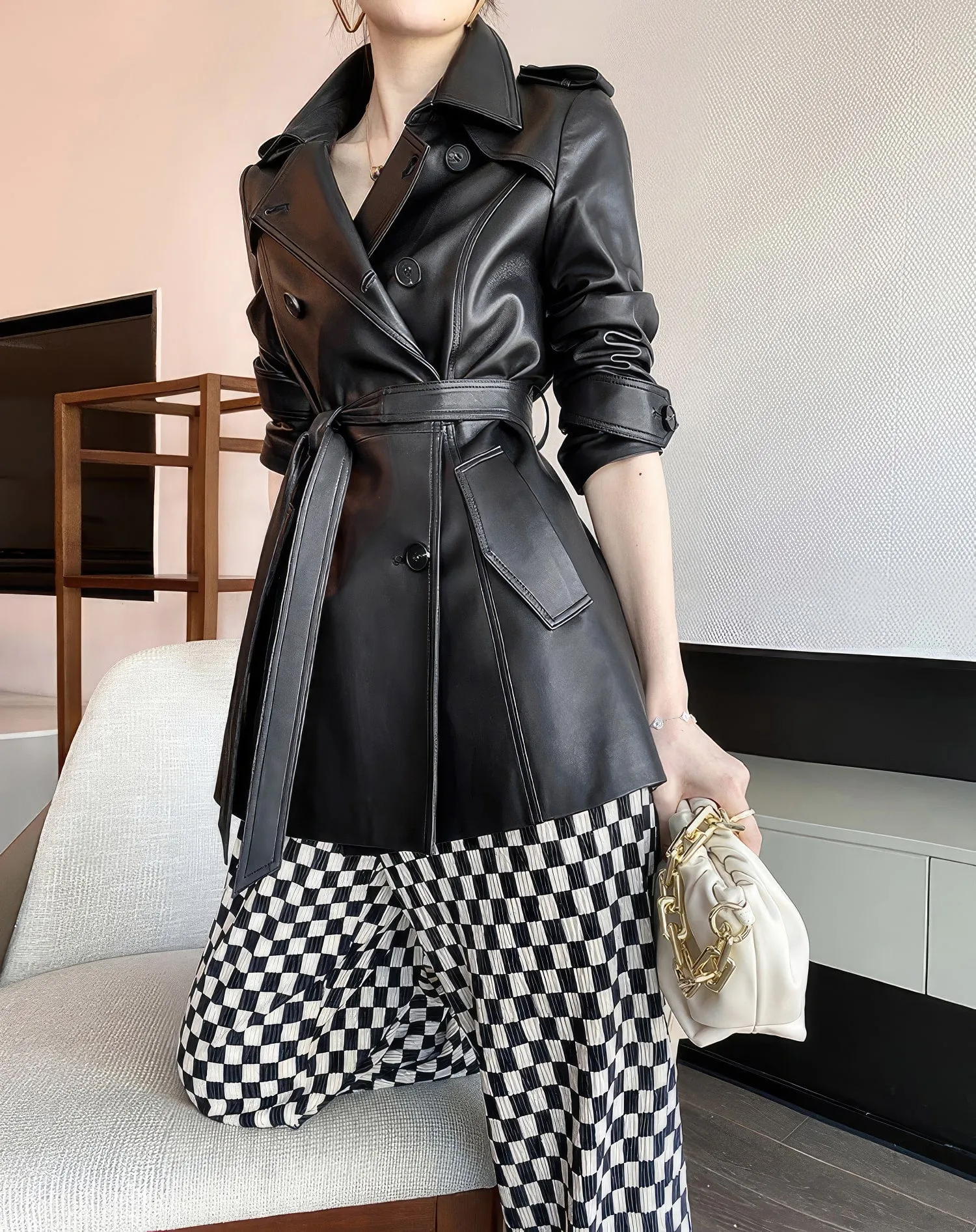 Women’s Black Genuine Sheepskin Double Breasted British Style Smooth Office Outfit Fashionable Belted Leather Trench Coat